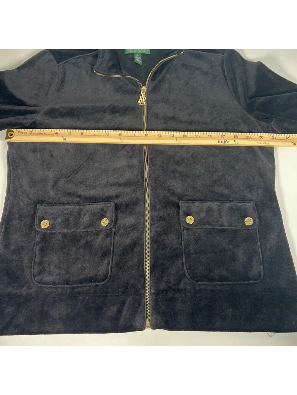 Lauren Ralph Lauren Velour Jacket Black Full Zip Gold Buttons Pockets-Women's L